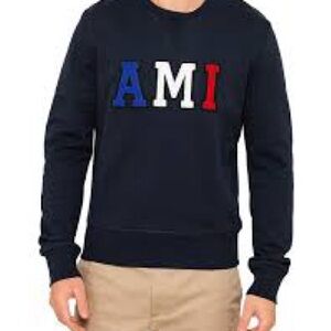 Ami Men's Crewneck Sweater - Navy with Multicolor Logo
